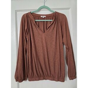 LA Made Womens lightweight long Sleeve Shirt V Neck Stretch Brown Size Medium